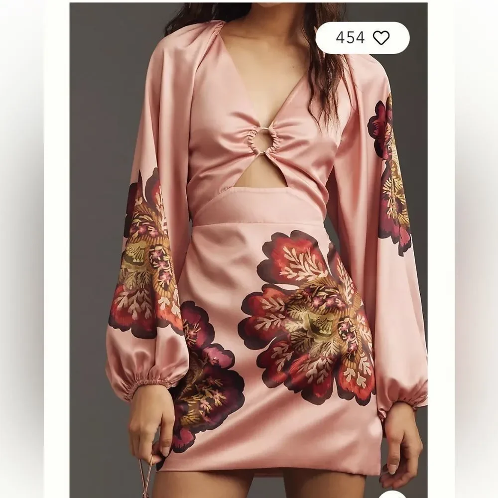 Significant Other size 10 $304 Long-Sleeve V-Neck Cutout Printed Mini Dress - Picture 5 of 12